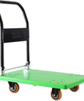 Foldable Flatbed Cart With A Rock Solid Textured Metal Platform And Grippy Four Wheels for easy transport of workshop items.