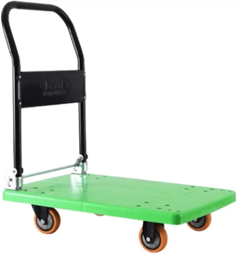 Foldable Flatbed Cart With A Rock Solid Textured Metal Platform And Grippy Four Wheels for easy transport of workshop items.