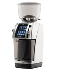 Heavy Duty Commercial Coffee Grinder Featuring Flat Steel Burrs And 260 Grind Settings For Espresso And Pour Over Brewing, sleek white design, digital display, and coffee grounds container.