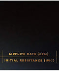 Ultra Low Pressure Drop MERV 16 Air Filter specifications chart showing airflow rate and initial resistance details.