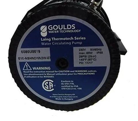 Premium Spa Circulating Pump 3/4 Inch Barb 230 Volt Keeps Flow Smooth Like Butter And Cures Stagnant Spots Boosts Spa Recovery Rated 1/40 HP And 65 Watts With AMP Plug For Easy Installation OEM Replacement Part 6080U0019 label showing specifications and ratings on a circular pump.