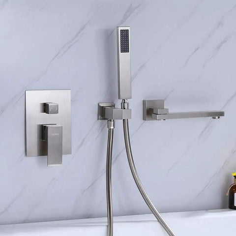 Wall Mounted Tub Filler Faucet With Handheld Shower, Solid Brass 180 Degree Swivel Bath Tap, Brushed Nickel Finish shown