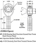 Heavy Hitter Four Link Rod End Kit With Rugged Chromoly Construction Right And Left Hand Threads One Half Bungs Including Cone Spacers And Secure Locking Nuts For Tough Builds diagram showing dimensions and materials for ball joint specifications.