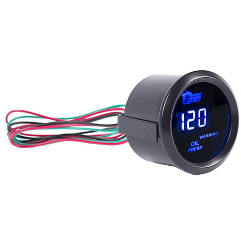 2-inch (52mm) round digital oil pressure gauge with blue LED display and wiring harness