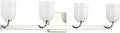 Front view of Moore Collection 4 Light White Opal Glass Luxe Bath Vanity Light In Polished Nickel Finish showcasing four opal glass shades.