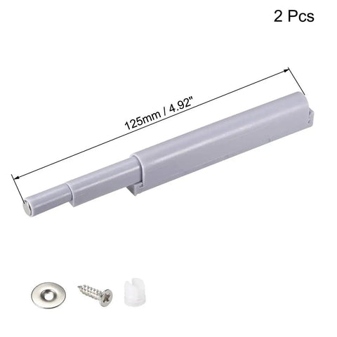 Heavy Duty Gray Magnetic Touch Catch Latch Kit With No Slam Damper Buffer For Cabinet Doors And Cupboards Quick Slide Push To Open Mechanism Solid Hardware Two Pack parts including gray latch and fasteners.