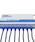 Heavy Duty Eight Channel Battery Tester With Five Amp Charge Discharge Sync Voltage Equalizer For 18650 21700 Lipo LifePo4 Cells Pro Grade Pack Builder Tool showing blue LED indicators and connected wires.