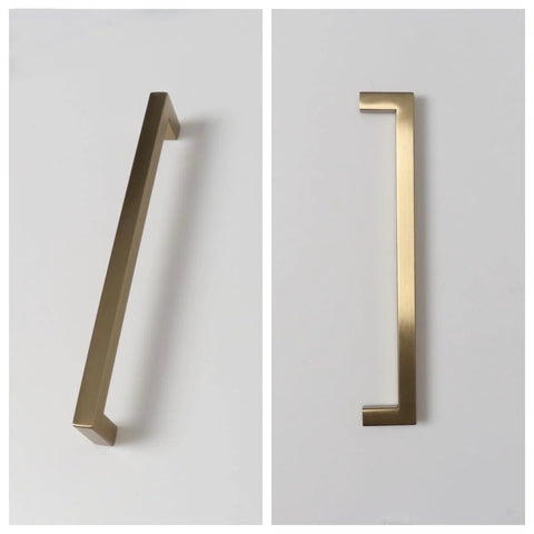 10 Pack 8 Inch Hole Center Champagne Cabinet Pulls In Stainless Steel Square Drawer Handles front and side view