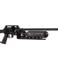 Side view of a black air rifle with a long barrel and tactical stock.