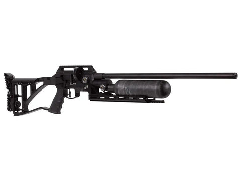 Side view of a black air rifle with a long barrel and tactical stock.