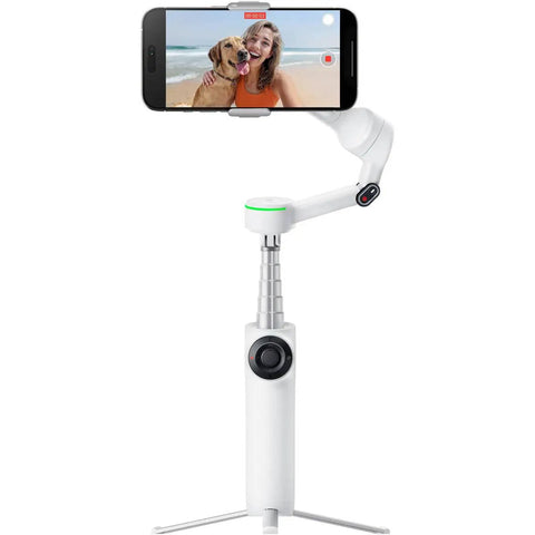 Flow 2 Pro Smartphone Gimbal With 3 Axis Stabilization And AI Tracking For Ultra Smooth On The Go Video Perfect For Vloggers And Content Creators White Finish Pro Level Stabilizer For Studio Like Shots shown with phone on tripod mode