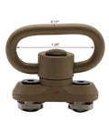 Rock Solid QD Sling Swivel And M System Rail Adapter showing dimensions, tan color, steel and aluminum materials, designed for quick detach fitment.