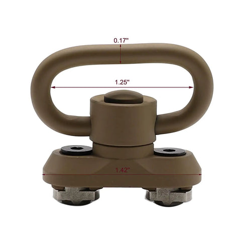 Rock Solid QD Sling Swivel And M System Rail Adapter showing dimensions, tan color, steel and aluminum materials, designed for quick detach fitment.