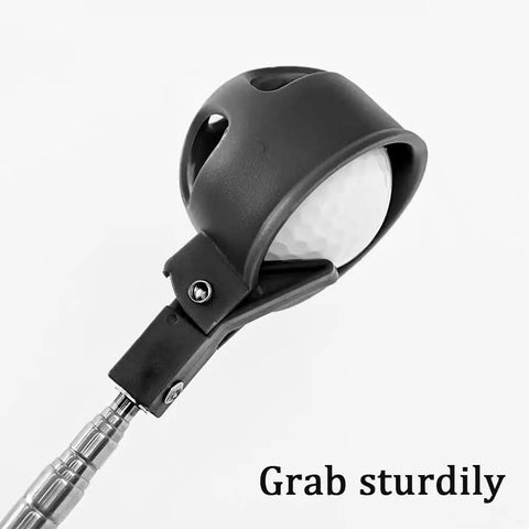 Telescoping Golf Ball Retriever With Locking Clip Portable Scoop Grabber holding golf ball, lightweight black scoop detail view