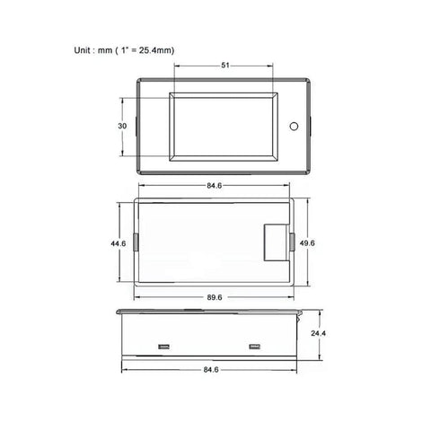Technical diagram of Digital LCD Ammeter Voltmeter Power Meter 6.5V To 100V 0-20A Range With Built-In Shunt, dimensions shown