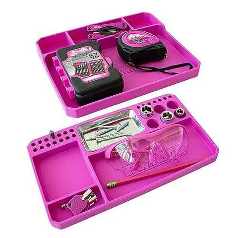 Two Piece Flexible Silicone Tool Organizer Tray Set In Pink For Safe Slip Resistant Storage Grab And Go Magnetic Tray