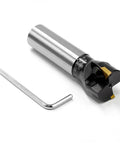 Side view of Oscarbide 3/4-inch straight-shank indexable end mill with 1-inch cut dia, tin-coated, 2 inserts, hex key.