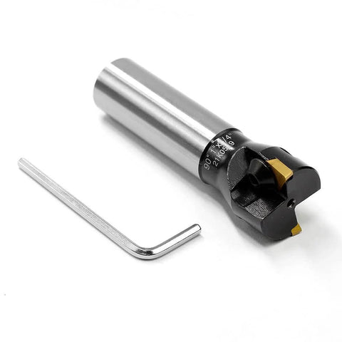 Side view of Oscarbide 3/4-inch straight-shank indexable end mill with 1-inch cut dia, tin-coated, 2 inserts, hex key.