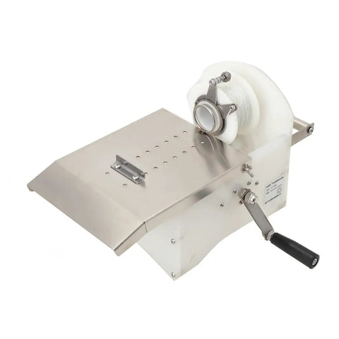 Kickass Stainless Steel Sausage Tying Machine For Home Grill Crews No Sweat Hand Crank Knotter For Fresh Cased Links Up To Forty Five Millimeters, manual tool with crank handle.