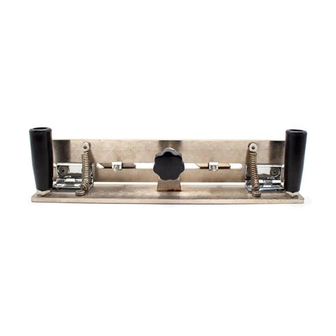 Rock Solid Angle Adjustable Sharpening Jig For Handheld Insert Grinder And Belt Sander, aluminum with dual grips and turnbuckle lock.
