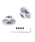 Two aluminum 6mm flange shaft couplings with four set screws and hex key