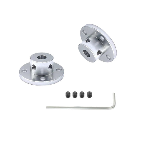 Two aluminum 6mm flange shaft couplings with four set screws and hex key
