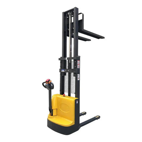 Heavy Duty Electric Forklift Pallet Lifter 1 Ton Capacity 3.5 Meter Lift Height semi stacker with yellow base and control handle.