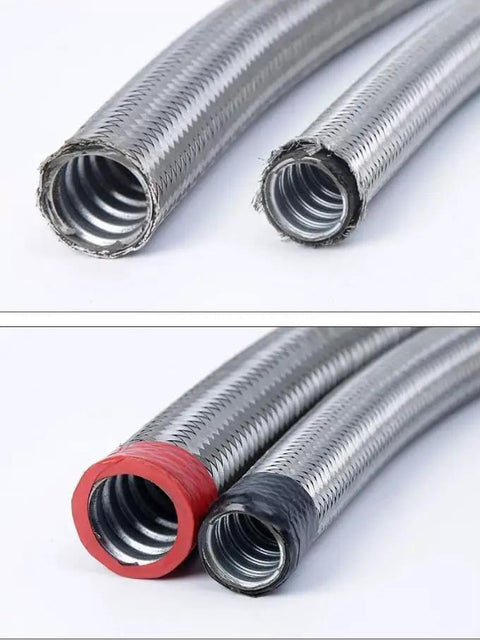 Built Tough Stainless Steel Flexible Conduit For Electrical Wiring And Hassle Free Cable Routing Featuring Heat Resistant Braided Armor end detail with different colored ends