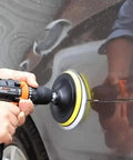 Close-up of Six Piece 3 Inch Imitation Wool Polishing Pad Kit With M10 Drill Adapter Buffing Attachment on car surface