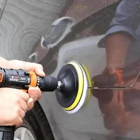 Close-up of Six Piece 3 Inch Imitation Wool Polishing Pad Kit With M10 Drill Adapter Buffing Attachment on car surface