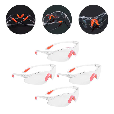 Rugged 4 Piece Set Of Anti Fog Safety Glasses Featuring Rock Solid Polycarbonate Shields and Soft Silicone Gaskets For Heavy Duty Workshop Protection Clear Impact Resistant Eyewear For Pros And Crew, showcasing four pairs with orange accents.