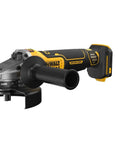 20 Volt Brushless Cordless 4 To 5 Inch Angle Grinder with safety features, ideal for quick steel and concrete cutting.