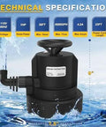 Real Heavy Duty Submersible Sump Pump 1 Hp 5000 Gph Automatic Water Discharge System with technical specifications and water background.