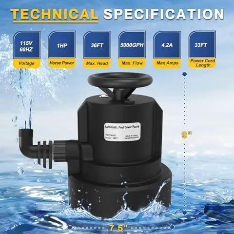 Real Heavy Duty Submersible Sump Pump 1 Hp 5000 Gph Automatic Water Discharge System with technical specifications and water background.