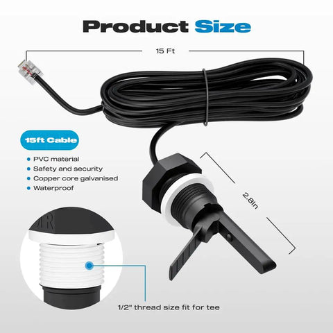Flow Switch GLX-FLO-RP For Hayward Goldline Aquarite Salt System with 15 ft cable and 1/2'' thread showing dimensions and features.