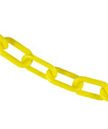 Bright yellow plastic barrier chain in bright yellow with 2 inch link diameter and 25 foot length made from high density polyethylene UV resistant commercial grade.