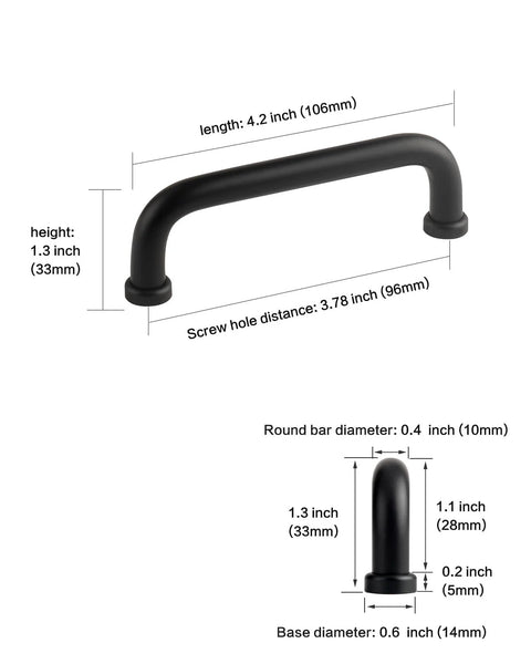 Diagram of Five Pack Matte Black Modern Cabinet Pulls 3.75 Inch Hole Center 96mm dimensions.