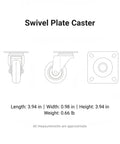 Swivel Plate Caster with two point five inch TPR wheel shown in different angles with measurements for industrial use.