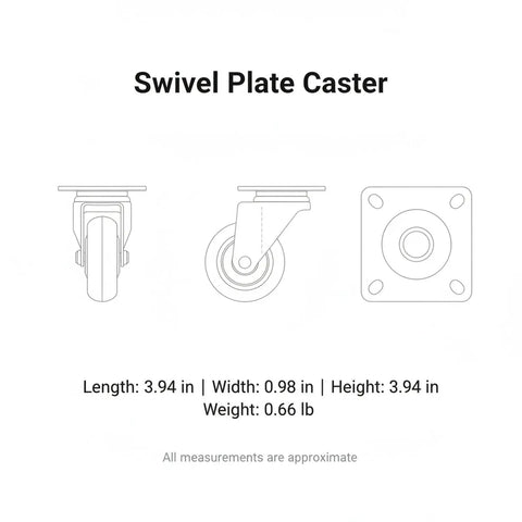 Swivel Plate Caster with two point five inch TPR wheel shown in different angles with measurements for industrial use.