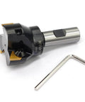 Side view of Oscarbide indexable end mill, 3/4 in shank, 2 in cutting dia, 3-flute TP32 carbide inserts, hex key.