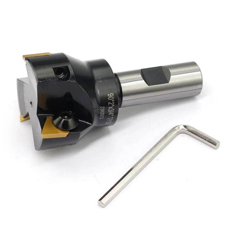Side view of Oscarbide indexable end mill, 3/4 in shank, 2 in cutting dia, 3-flute TP32 carbide inserts, hex key.