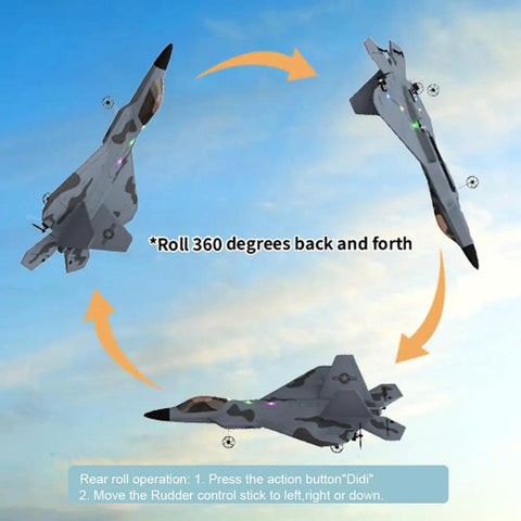 F22 Raptor RC Plane With LED Lights 4CH 3D 6G Gyro 2.4GHz performing a 360-degree roll in the sky, showing flying capabilities.