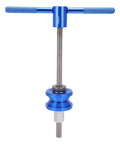 Bottom Bracket Press Tool With CNC Knurling Stainless Steel Build, blue aluminum handle, screw rod for pro bike repairs