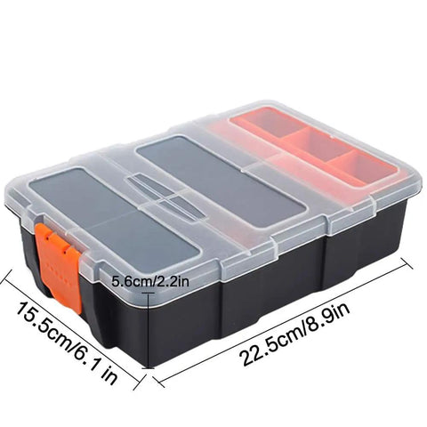 All Purpose Tool Parts Box With Removable Tray And 10 Plus Compartments Plastic Storage Case For Nails Screws Nuts Bolts Home DIY Organizer Waterproof Durable Box For Workshop And Garage with dimensions labeled 15.5cm x 22.5cm