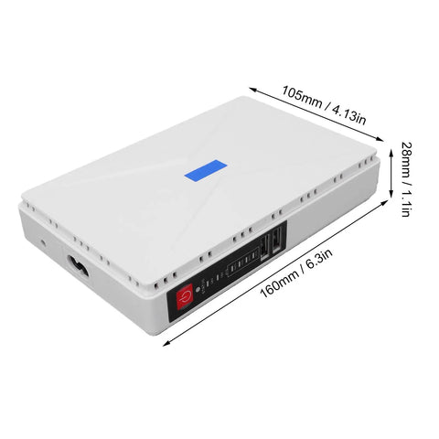 Mini UPS Battery Backup For WiFi Router And Modem Featuring A Robust 8800mAh Lithium Pack, compact white design with ports visible.