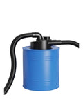 Top Shelf Heavy Duty Woodworking Cyclone Dust Collector Featuring Turbocharged Dual Filtration And Reinforced Frame close-up of blue canister and black hose.