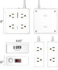 Smooth Operator Eight Outlet Power Strip With Six Foot Flat Plug Extension Cord showing dimensions, USB ports, and AC socket layout.