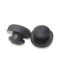 Close-up of two black rubber bumpers from Seat Box and Seat Mount Rubber Bumper Grommet Set 6 Pack Replacement for ATV Seat Mounts and Cargo Boxes