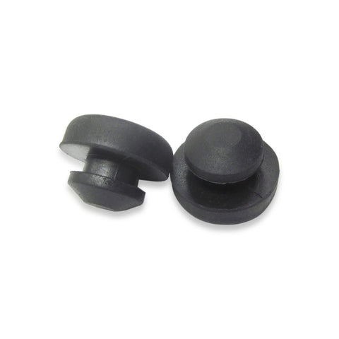 Close-up of two black rubber bumpers from Seat Box and Seat Mount Rubber Bumper Grommet Set 6 Pack Replacement for ATV Seat Mounts and Cargo Boxes