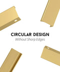 Circular design of five pack finger edge pulls for gold cabinet hardware and drawer handles, elegant kitchen tab pulls, six and a quarter inch hole centers.